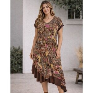 Midnight Velvet Women Dress Plus 20W Brown Copper Paisley Animal Print Boho Chic